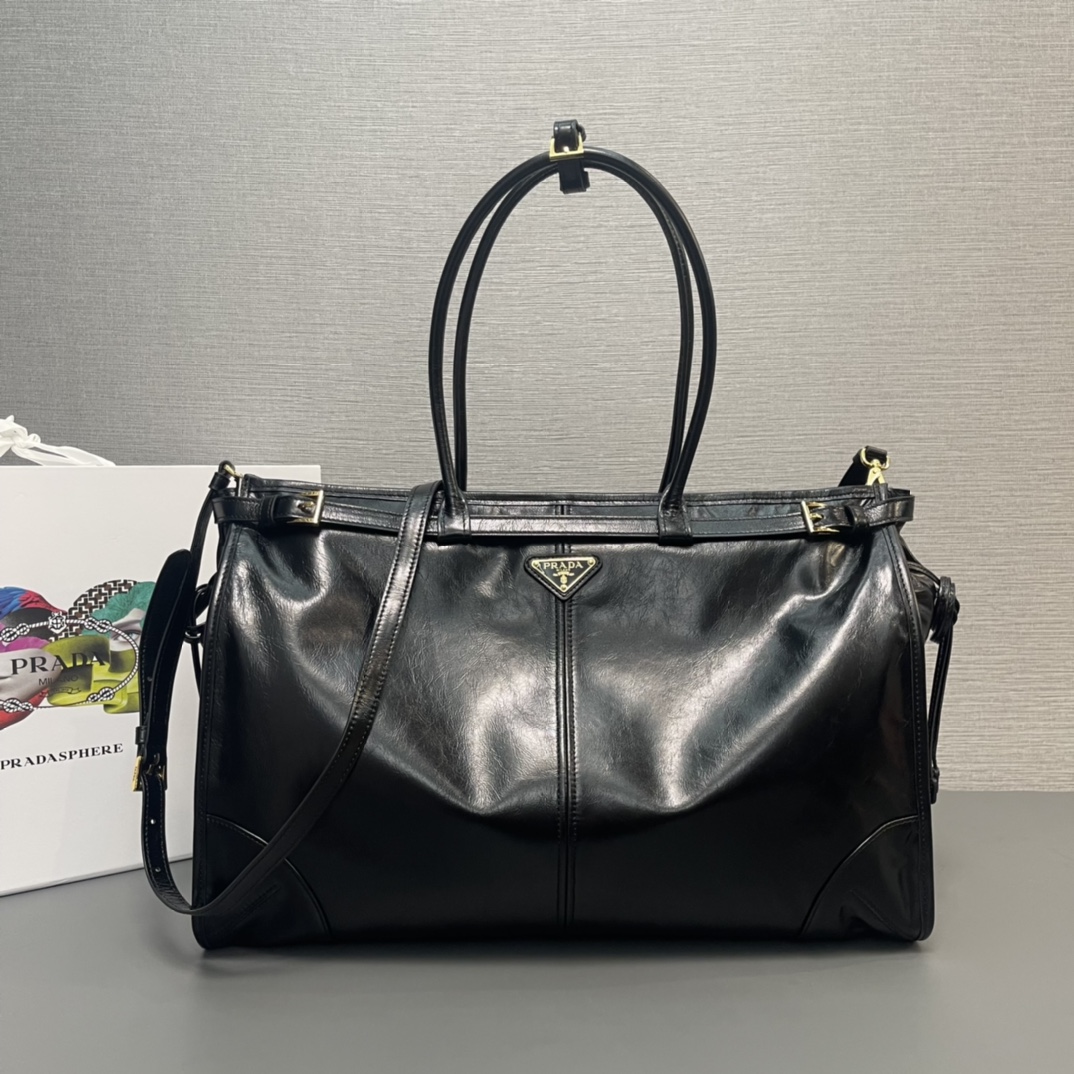 Prada Large LusSolf Leather Handbag Bag Tote Black 1BA439